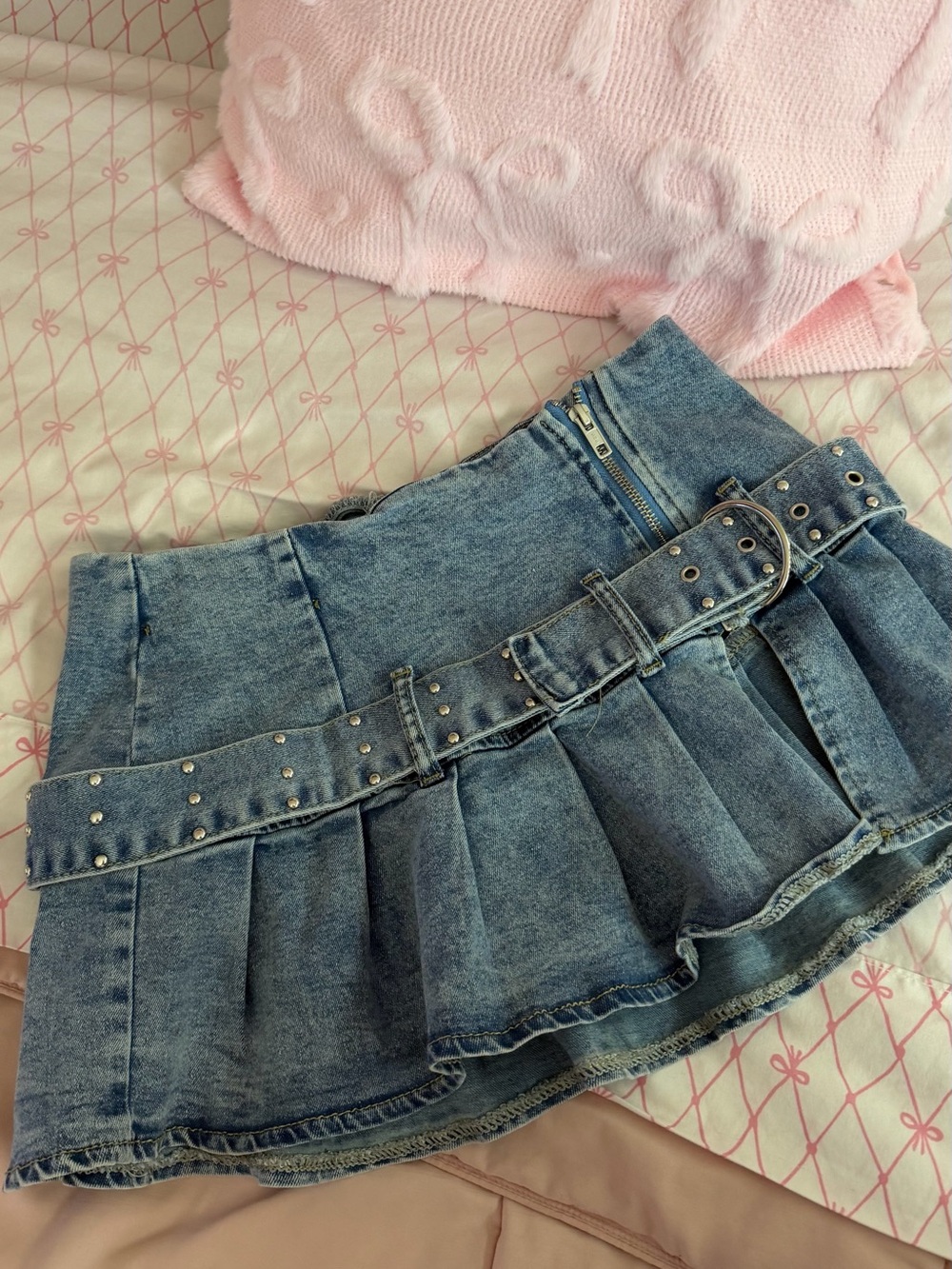 Denim Pleated Mini Skirt with Studded Belt - Blue